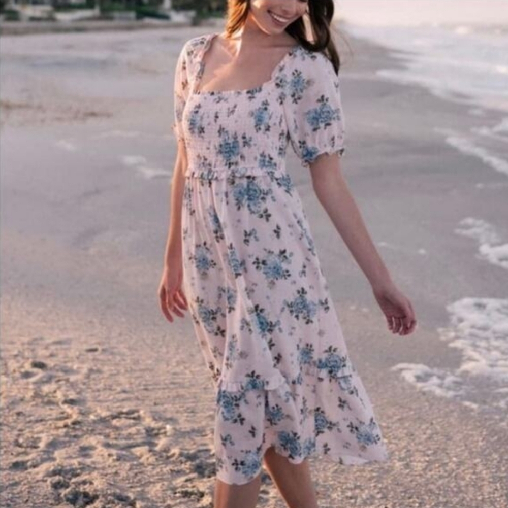 Garden Floral Puff Sleeves Isabel Midi Cottagecore Milkmaid Princess Dress XS